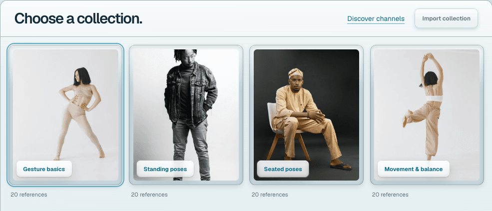 The collection picker with Gesture basics selected and three other pose collections beside it.