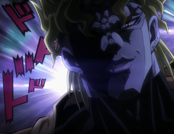 DIO smiling from the shadows, with blond hair and dramatic purple light behind him.